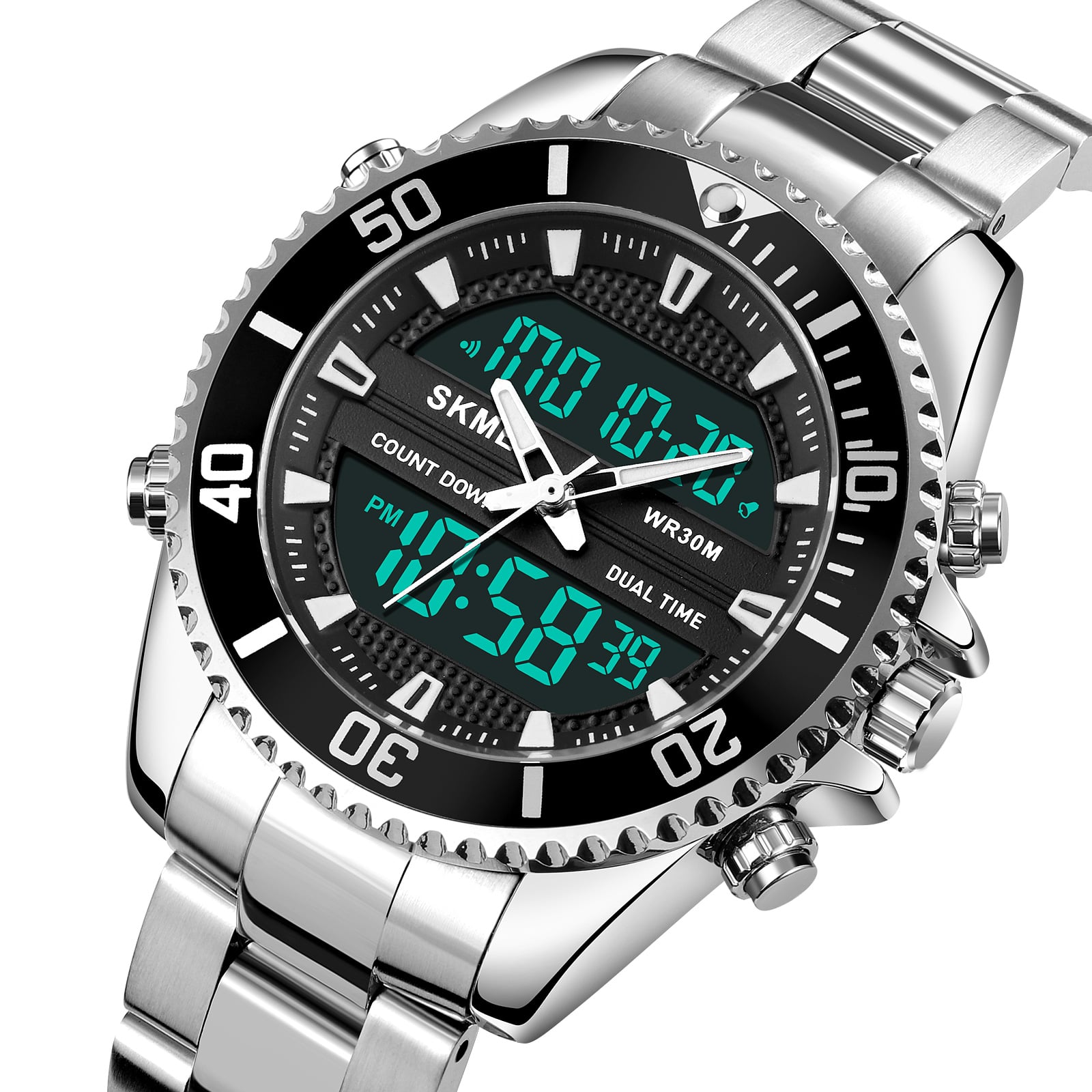 RELOJ SKMEI 1850 PLATEADO FONDO NEGRO DUAL ACERO - 2