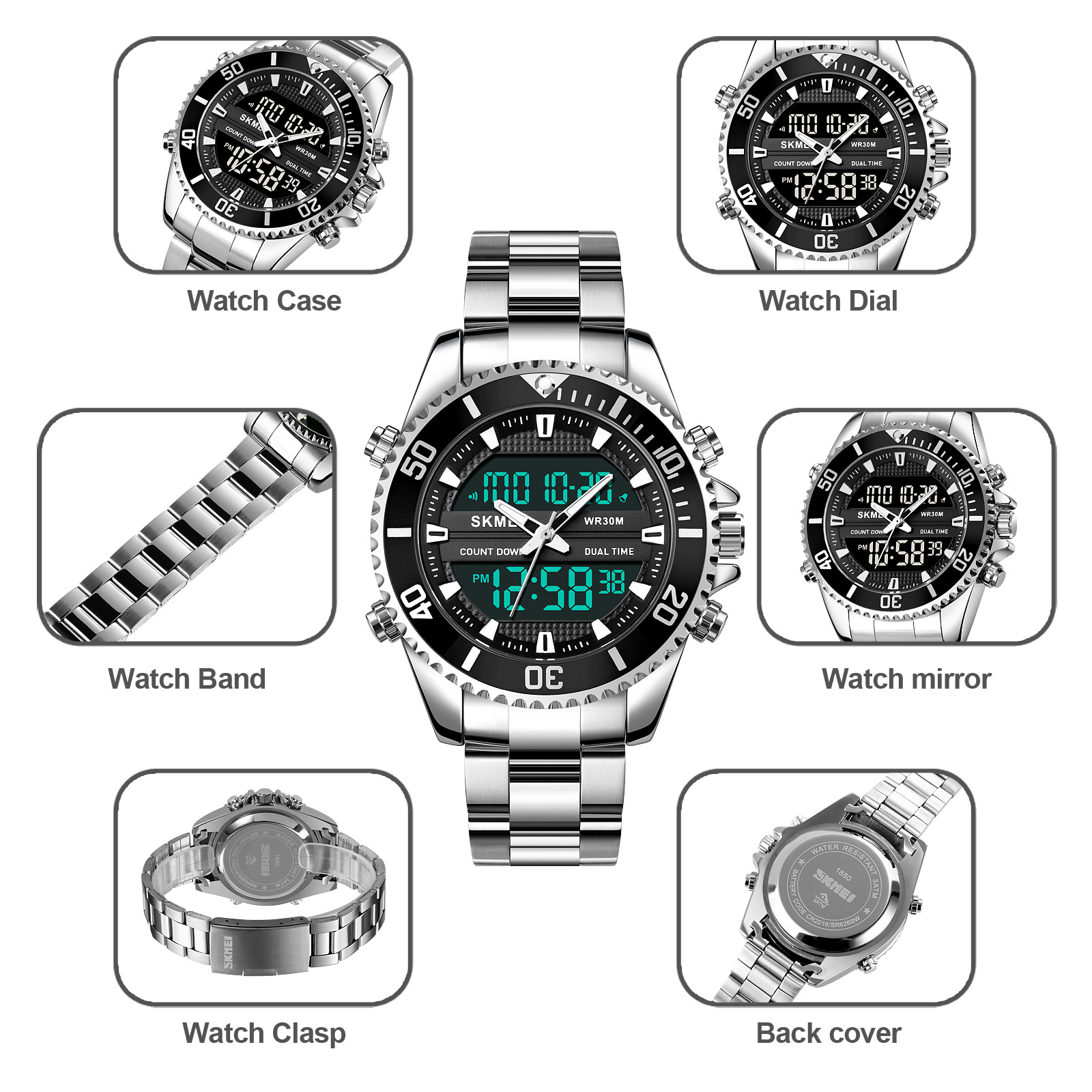 RELOJ SKMEI 1850 PLATEADO FONDO NEGRO DUAL ACERO - 4