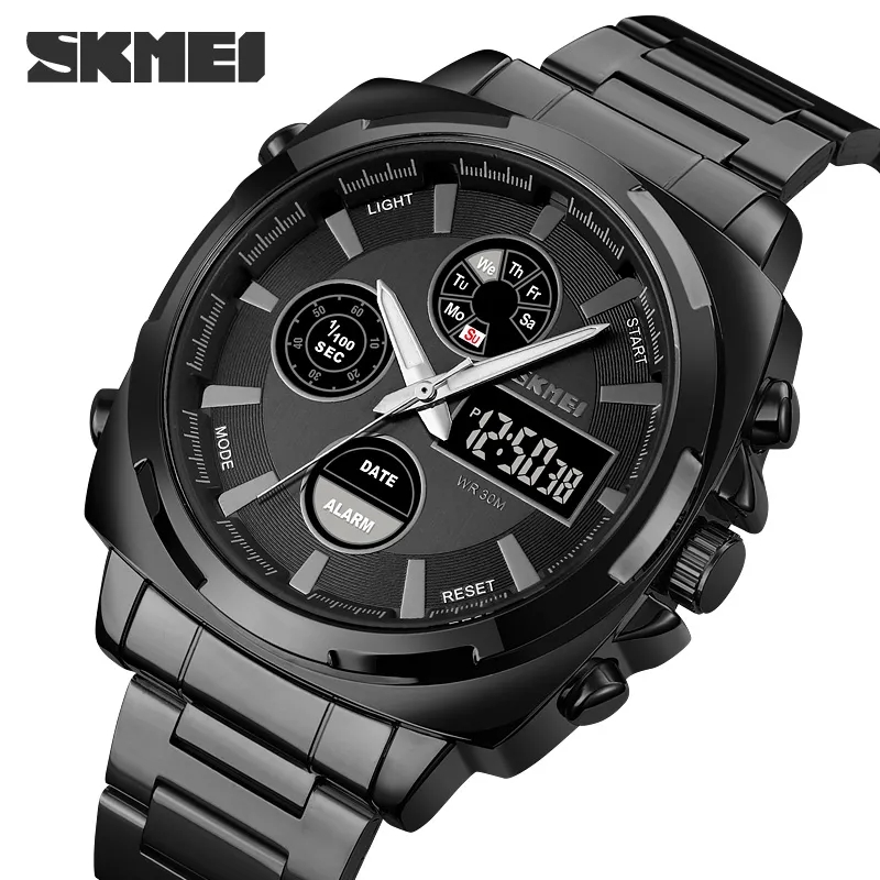 RELOJ SKMEI 1673 NEGRO CORREA ACERO DIGITAL ANALOGO - 1