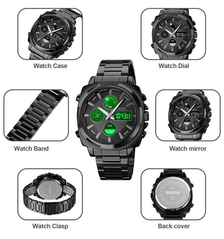 RELOJ SKMEI 1673 NEGRO CORREA ACERO DIGITAL ANALOGO - 2