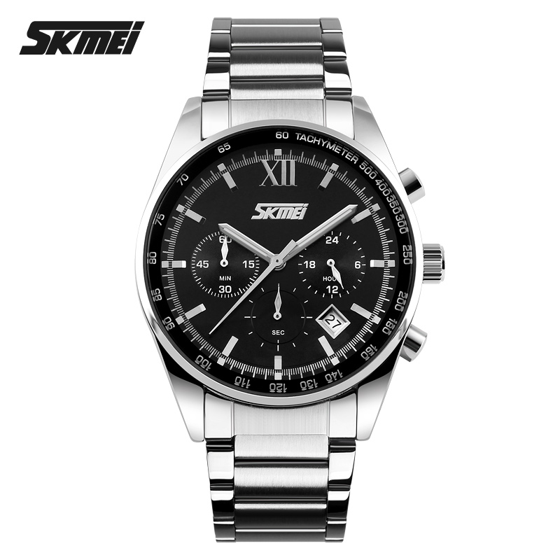 RELOJ SKMEI 9096 PLATEADO FONDO NEGRO CRONÓMETRO - 1