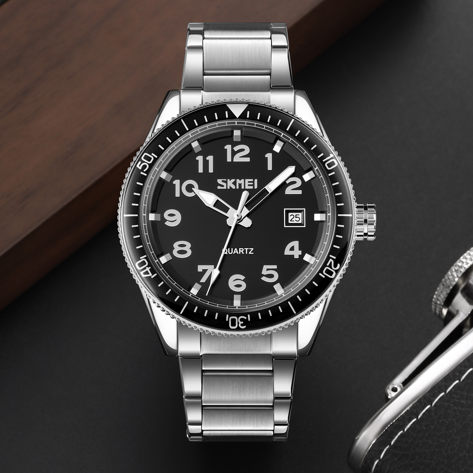 RELOJ SKMEI 9232 PLATEADO ACERO FONDO NEGRO CRONÓMETRO - 1