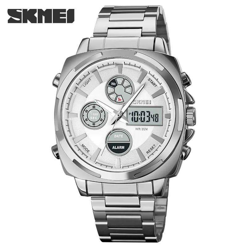 RELOJ SKMEI 1673 PLATEADO CORREA ACERO DIGITAL ANALOGO - 2
