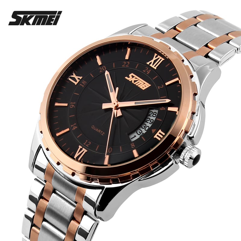 RELOJ SKMEI 9069 PLATEADO DETALLES ORO ROSA FONDO NEGRO - 1