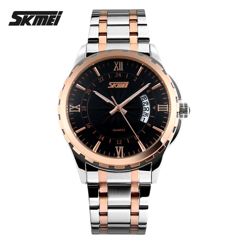 RELOJ SKMEI 9069 PLATEADO DETALLES ORO ROSA FONDO NEGRO - 2