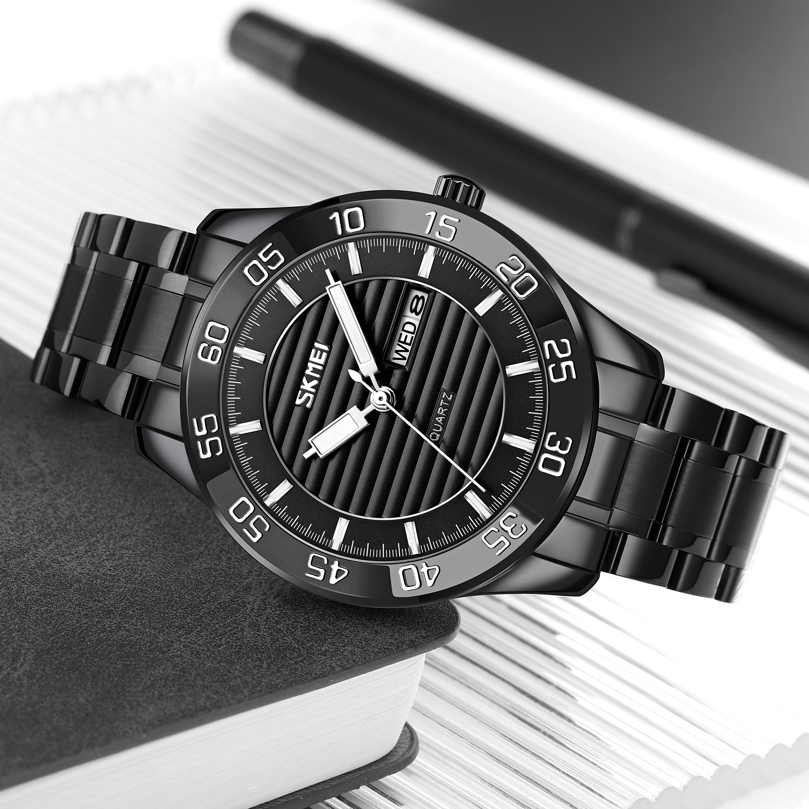 RELOJ SKMEI 9293 NEGRO ANALÓGO CORREA ACERO - 1