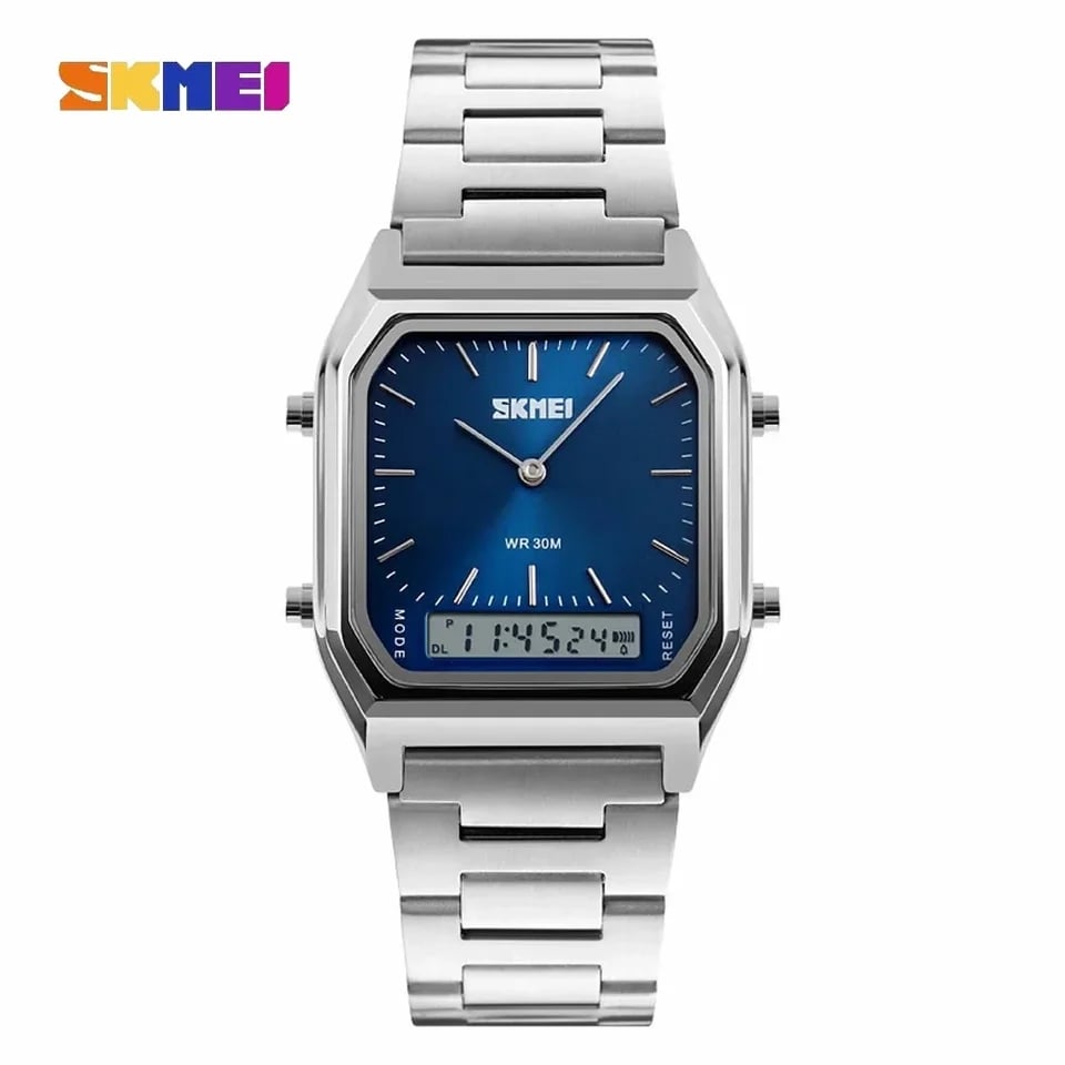 RELOJ SKMEI 1220 PLATEADO FONDO AZUL DIGITAL ANALOGICO - 1
