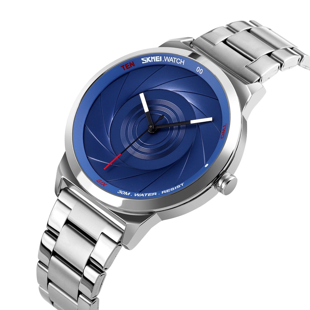 RELOJ SKMEI 9210 PLATEADO FONDO AZUL ANALÓGO CORREA ACERO - 1
