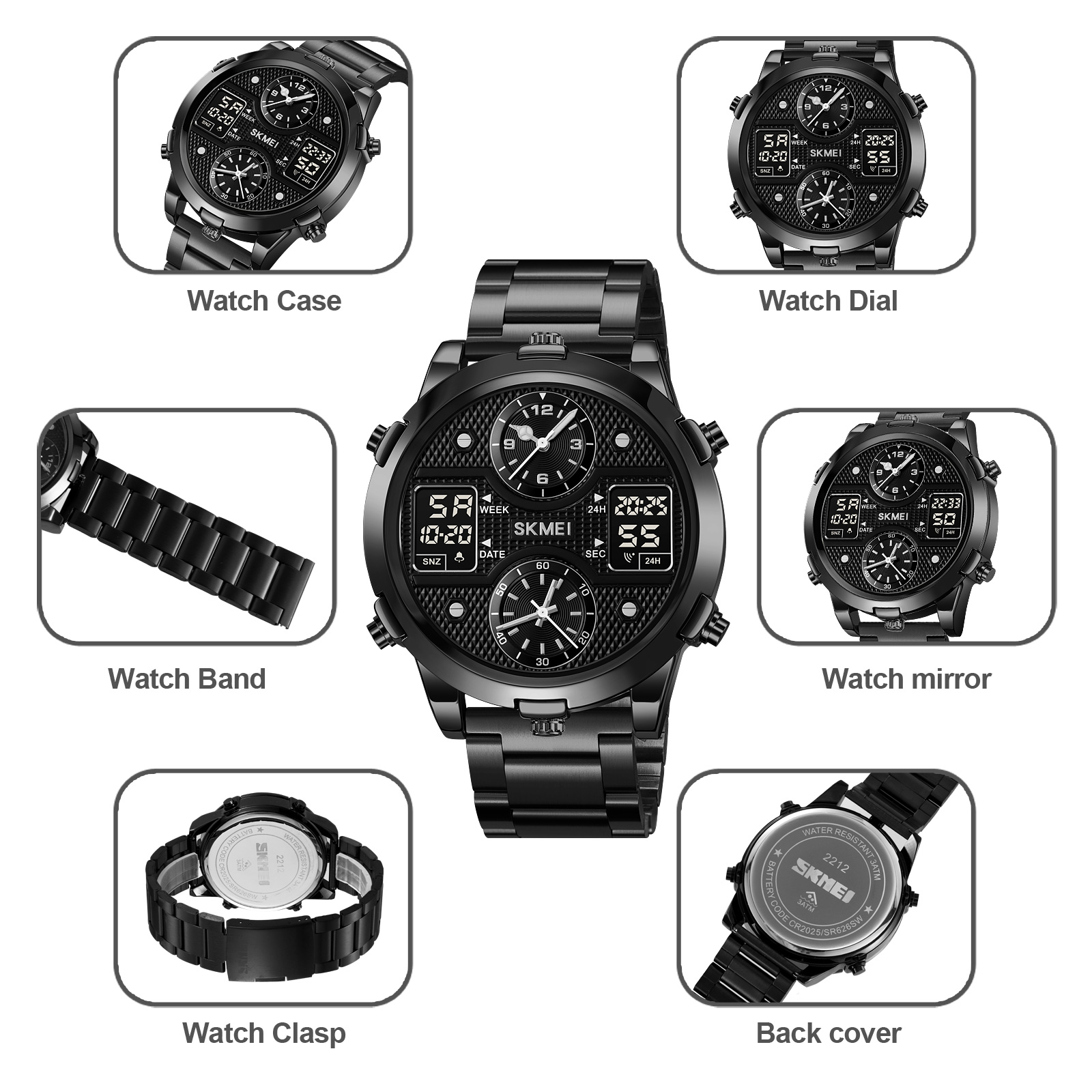 RELOJ SKMEI 2212 NEGRO 6 BOTONES CORREA ACERO DIGITAL ANALOGO - 3