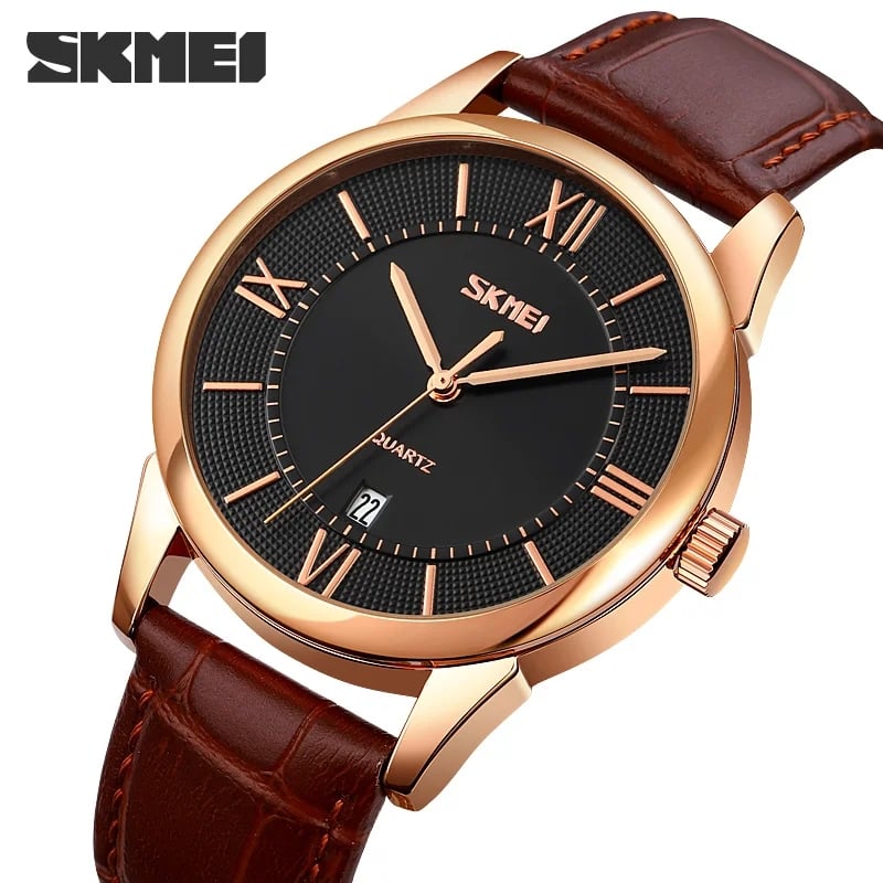 RELOJ SKMEI 9261 FONDO NEGRO CORREA MARRÓN DE CUERO - 1