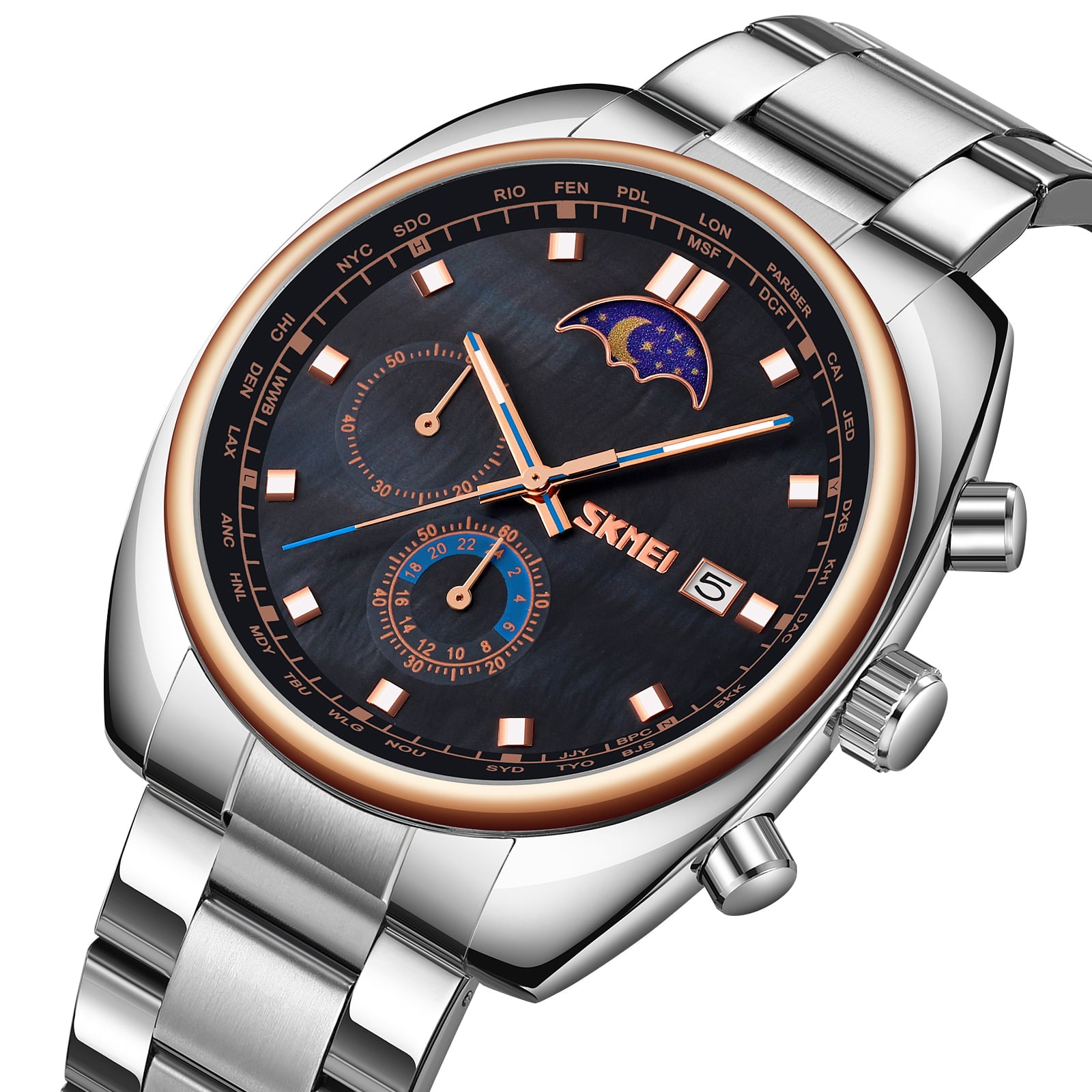 RELOJ SKMEI 9325 FASE LUNAR PLATEADO FONDO NEGRO Y ORO ROSA - 1