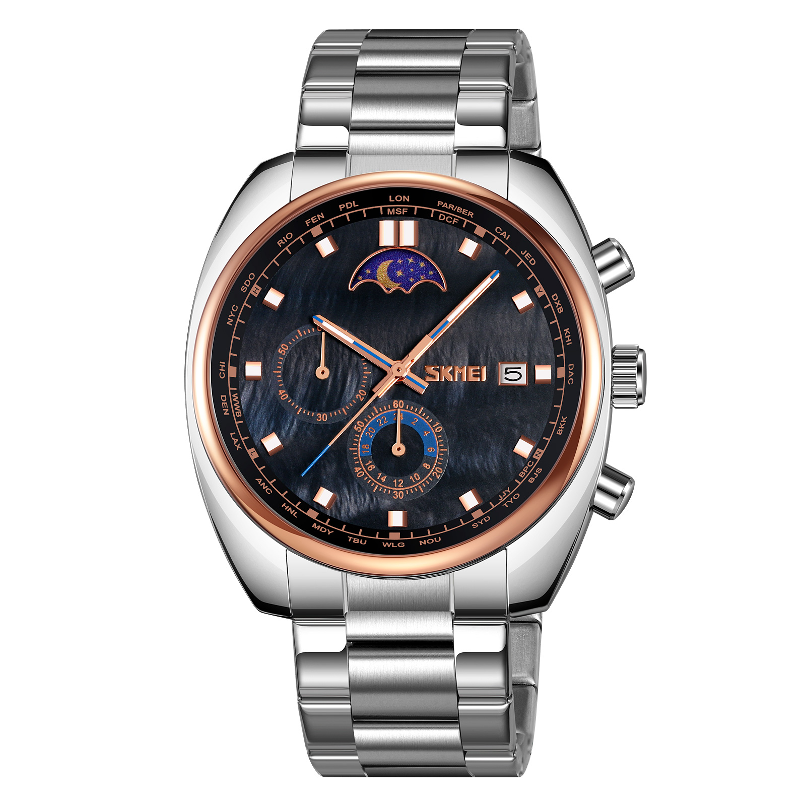 RELOJ SKMEI 9325 FASE LUNAR PLATEADO FONDO NEGRO Y ORO ROSA - 2