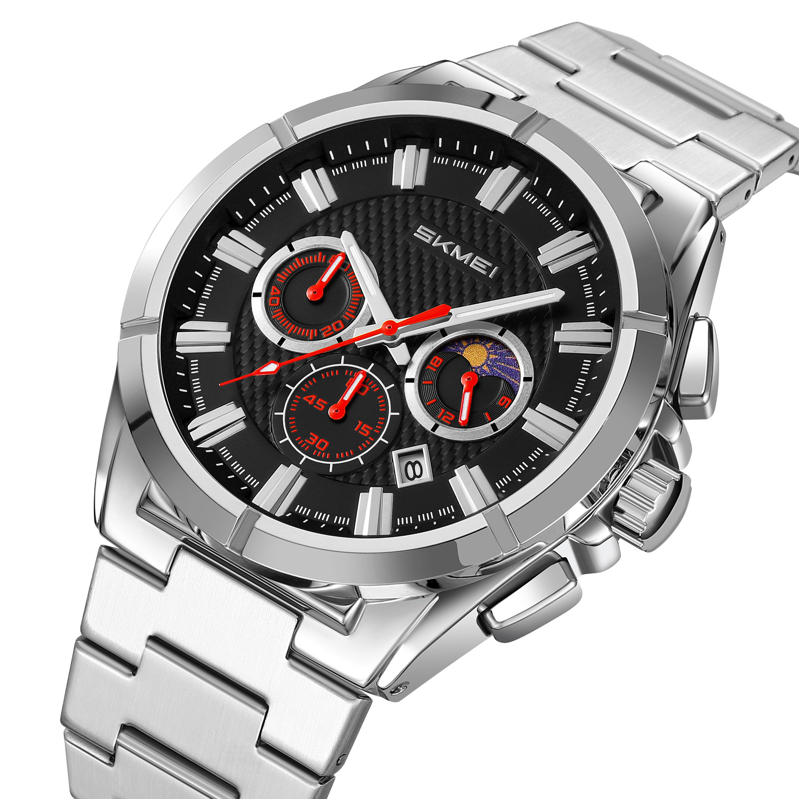RELOJ SKMEI 9355 MOON PHASE PLATEADO DIAL NEGRO CRONÓMETRO - 1