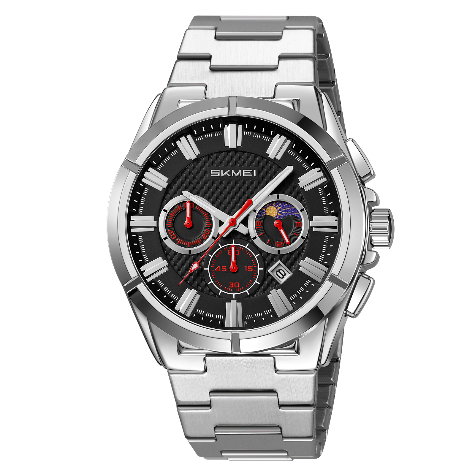 RELOJ SKMEI 9355 MOON PHASE PLATEADO DIAL NEGRO CRONÓMETRO - 2