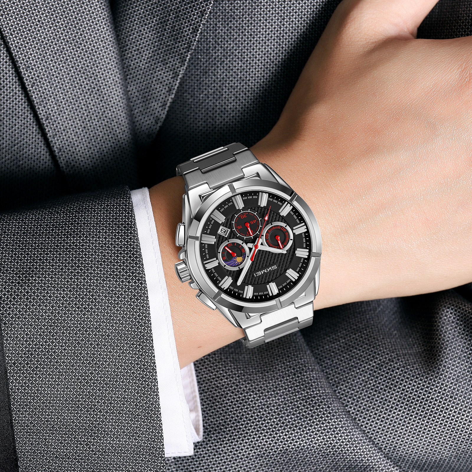 RELOJ SKMEI 9355 MOON PHASE PLATEADO DIAL NEGRO CRONÓMETRO - 4