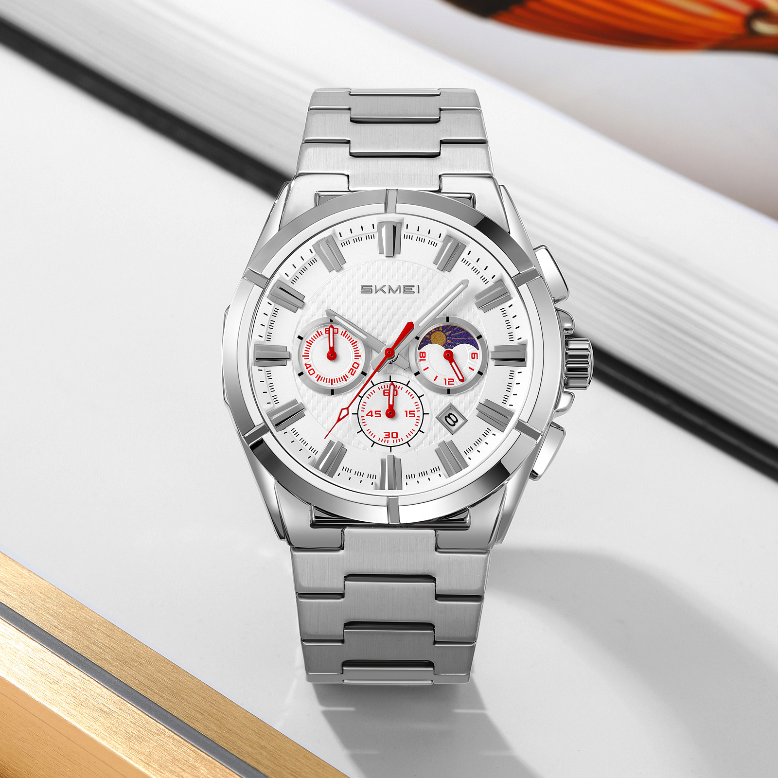 RELOJ SKMEI 9355 MOON PHASE PLATEADO CRONÓMETRO CORREA ACERO - 2