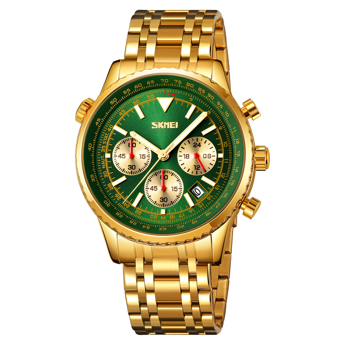 RELOJ SKMEI 9333 DORADO FONDO VERDE CORREA ACERO - 1