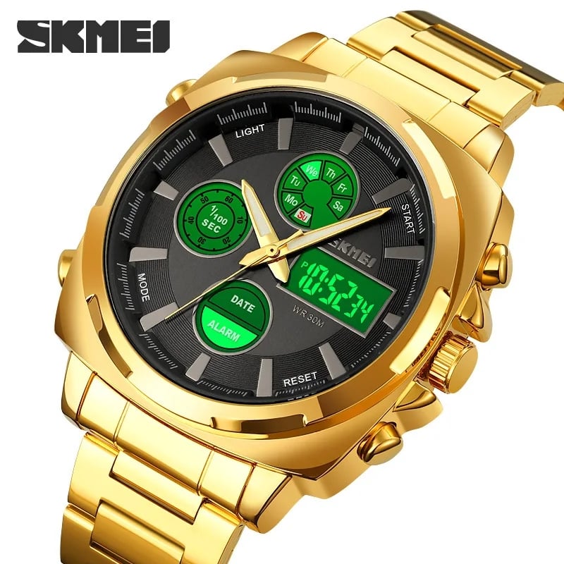 RELOJ SKMEI 1673 DORADO FONDO NEGRO DIGITAL ANALOGO - 1