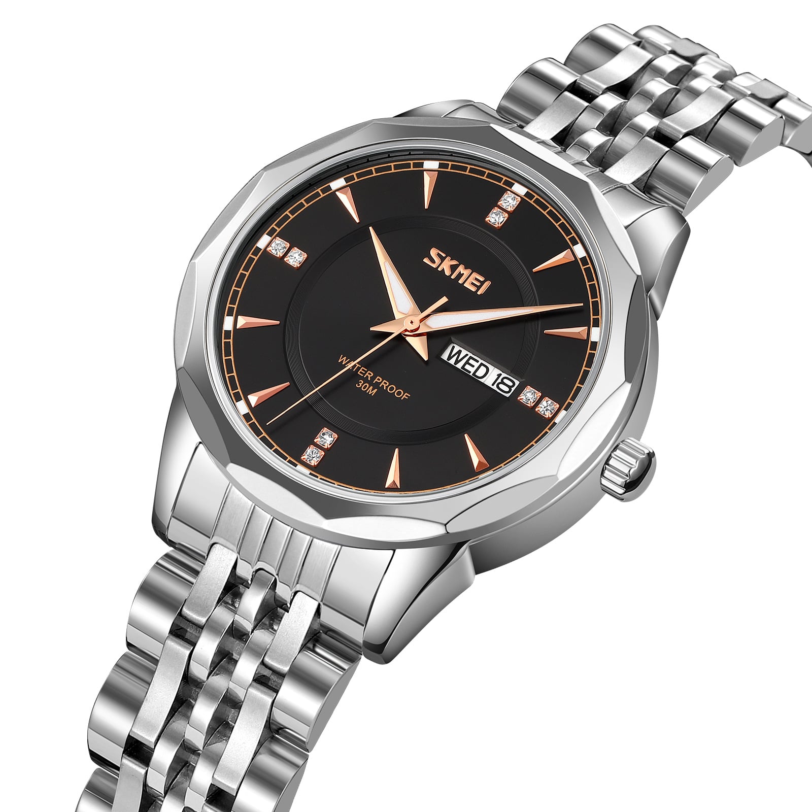 RELOJ SKMEI 9264 PLATEADO FONDO NEGRO CORREA ACERO PARA MUJER - 1