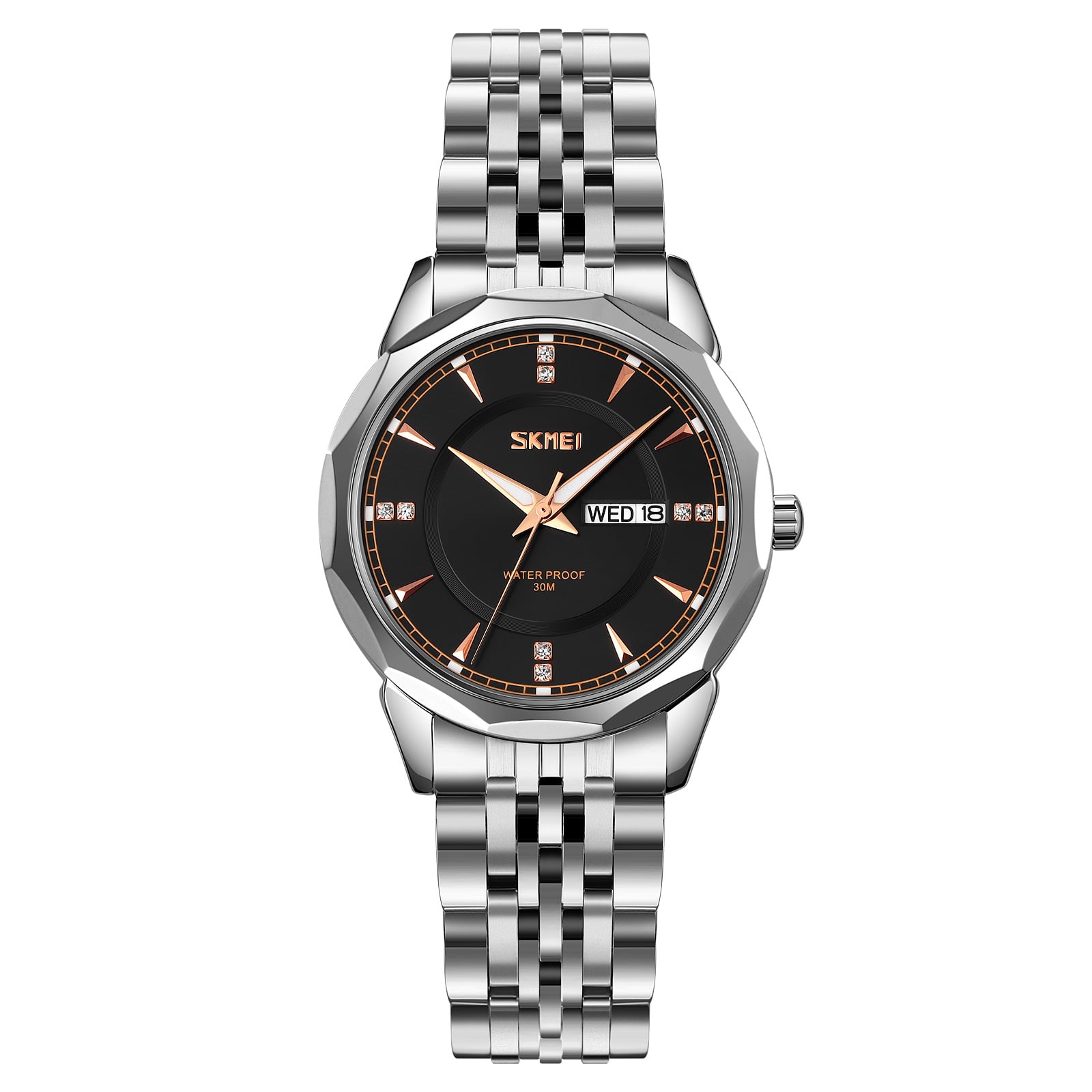 RELOJ SKMEI 9264 PLATEADO FONDO NEGRO CORREA ACERO PARA MUJER - 2