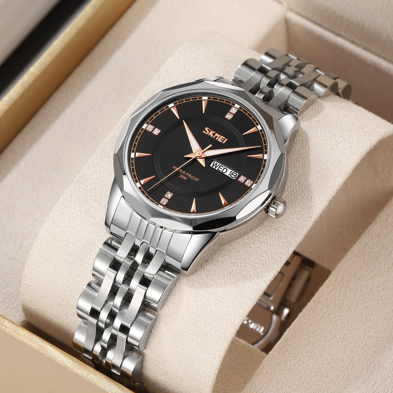 RELOJ SKMEI 9264 PLATEADO FONDO NEGRO CORREA ACERO PARA MUJER - 3