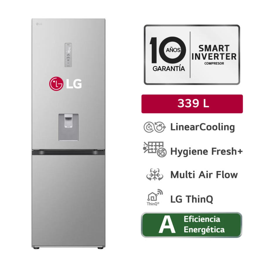 REFRIGERADORA LG BOTTOM FREEZER 339L DOOR COOLING GB37SPY PL COLOR PLATEADO - 1