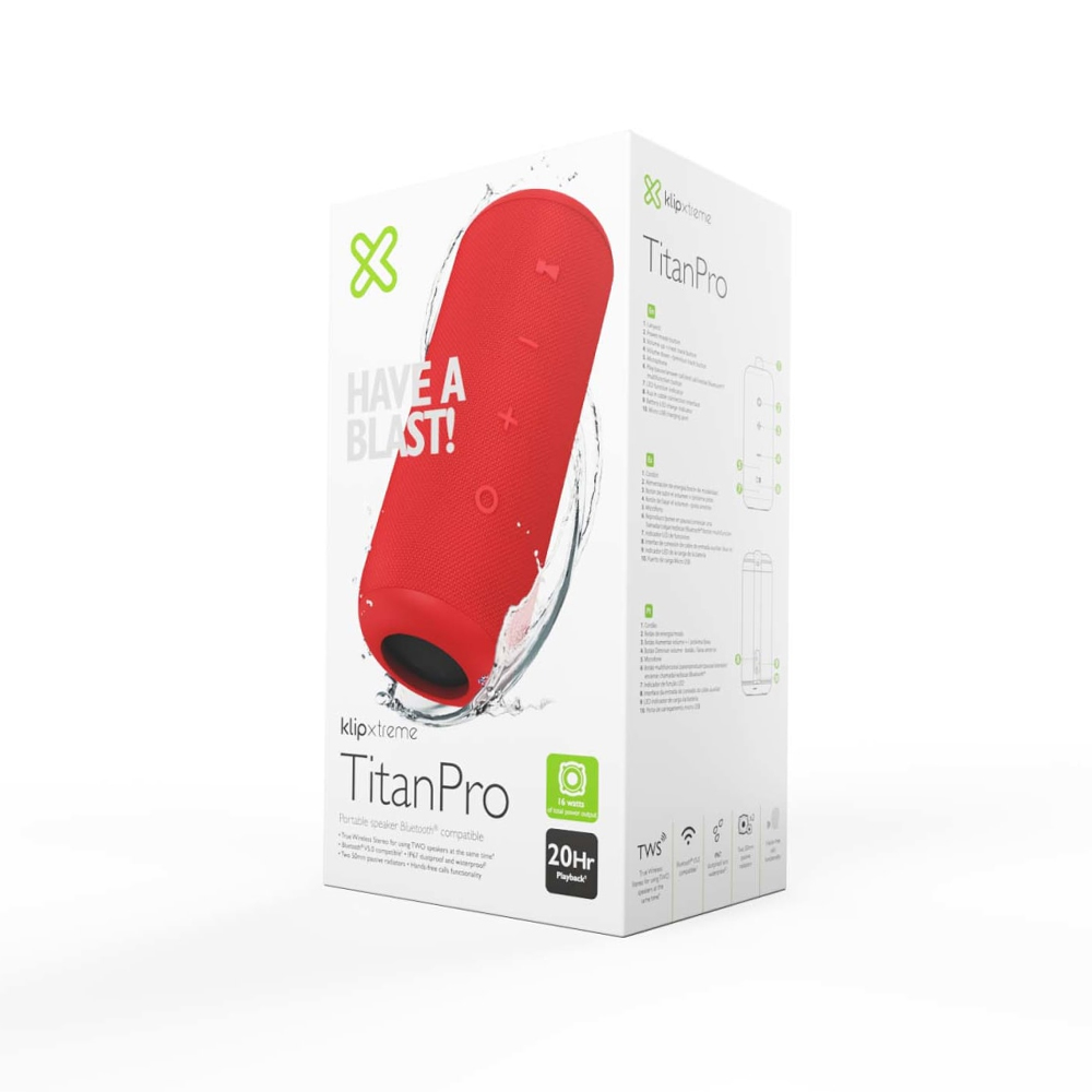 ALTAVOZ PORTÁTIL KLIP XTREME TITANPRO KBS-300 INALÁMBRICO BLUETOOTH ROJO - SONIDO POTENTE Y DISEÑO COMPACTO - 1