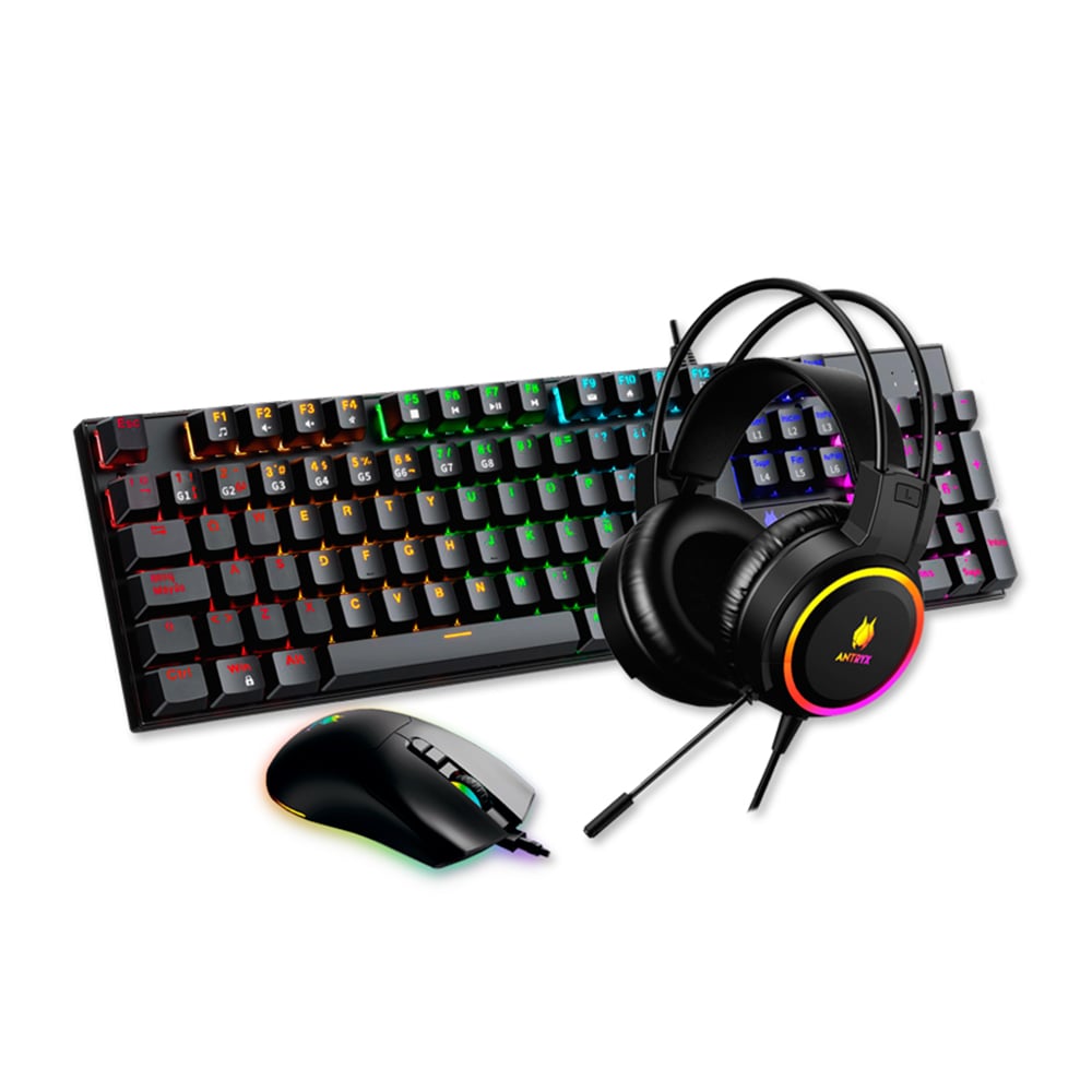 TECLADO MECÁNICO ANTRYX GC-3100 X3, MOUSE Y AURICULARES GAMING RGB, COLOR NEGRO - 1