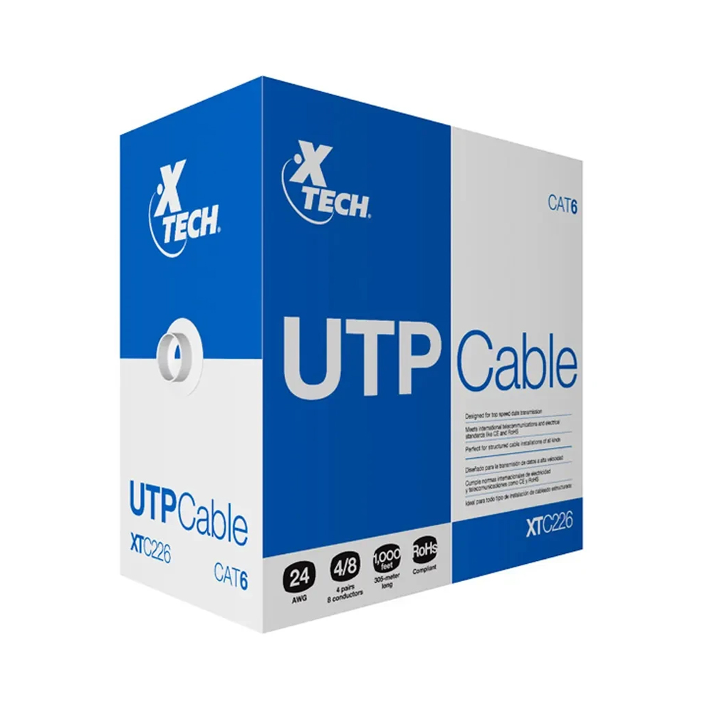 CABLE DE RED CAT6 UTP XTECH 305 M GRIS - ALTA VELOCIDAD 24 AWG PARA CONEXIÓN CONFIABLE - 1
