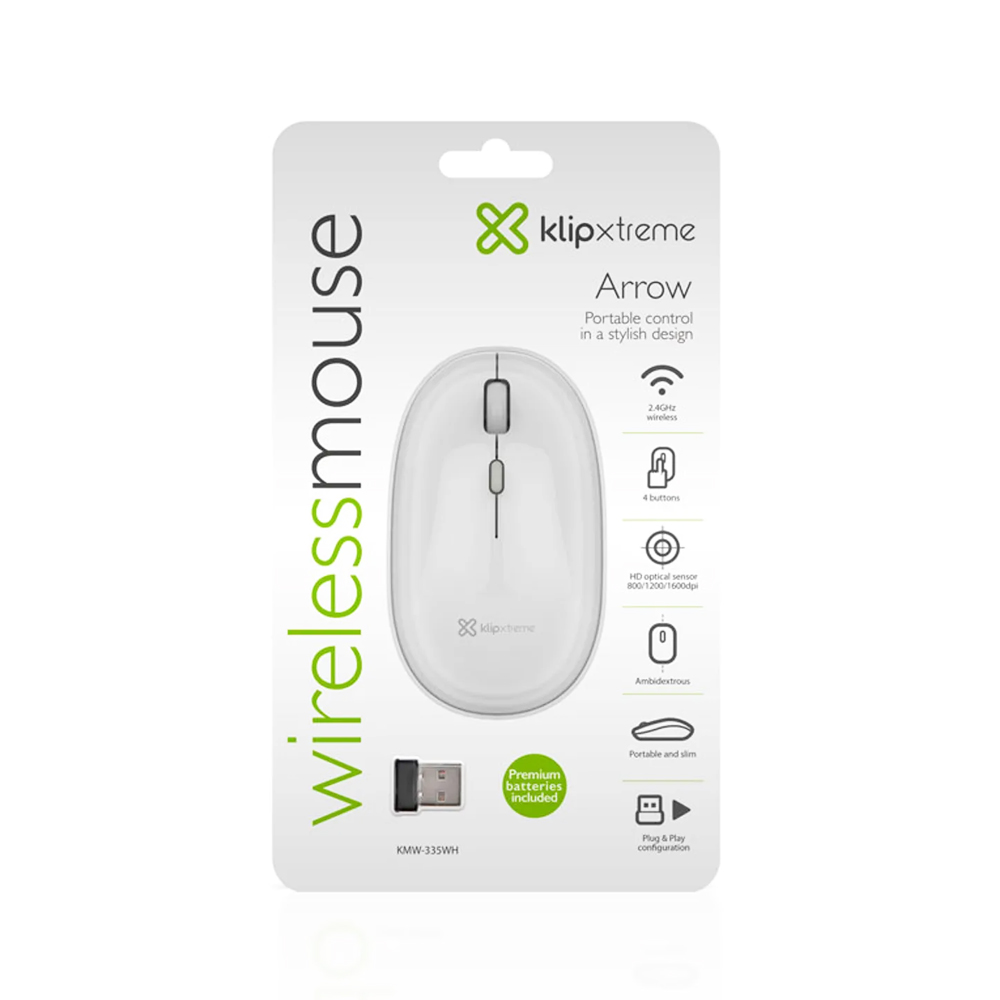 MOUSE INALÁMBRICO KLIP XTREME 2.4 GHZ, COLOR BLANCO CLÁSICO, 4 BOTONES, 1600 DPI PARA UN CONTROL PRECISO - 1