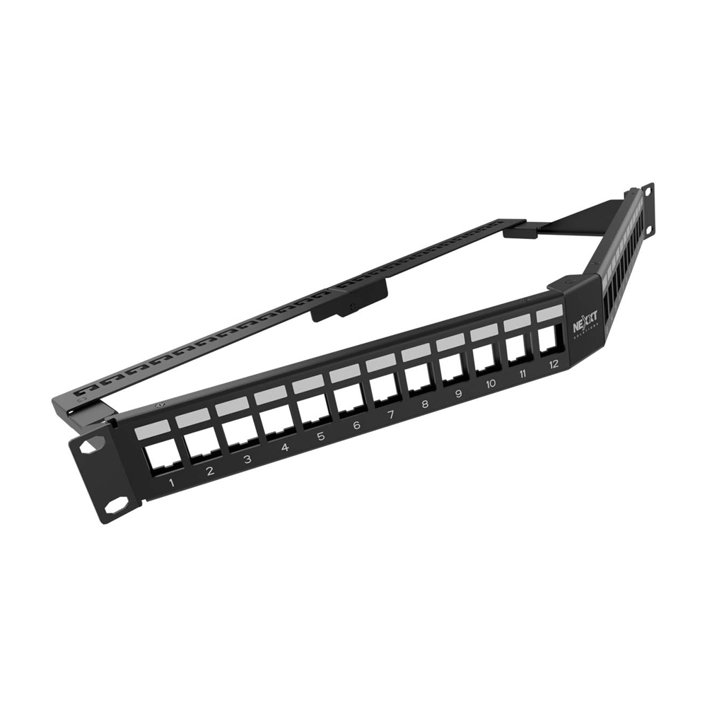 PATCH PANEL NEXXT SOLUTIONS 24 PUERTOS 1U DE ACERO NEGRO Y EXTRUSIÓN PLATEADA, DISEÑO ANGULADO - 1