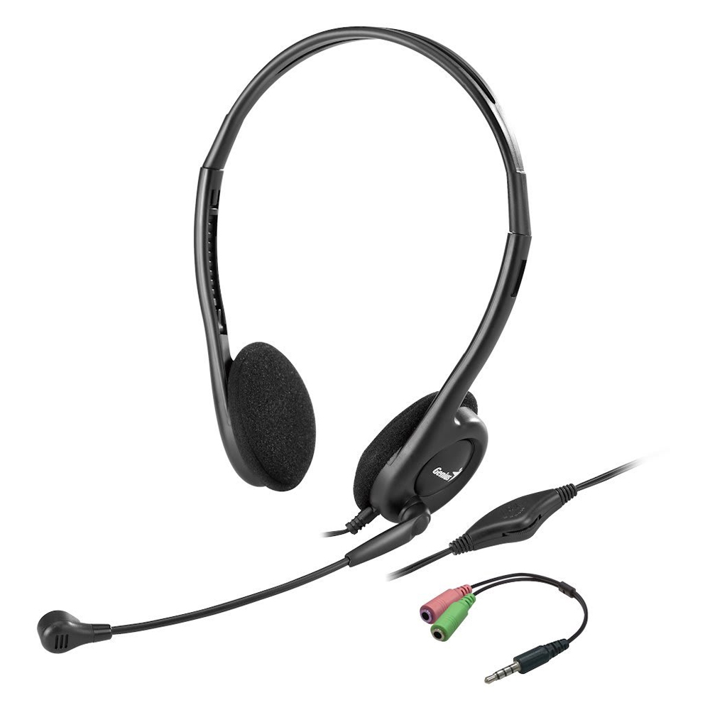 AURICULARES CON MICRÓFONO GENIUS HS-200C, CON CONECTOR DUAL DE 3.5MM, COLOR NEGRO, SONIDO CLARO Y ADAPTADOR INCLUIDO - 1