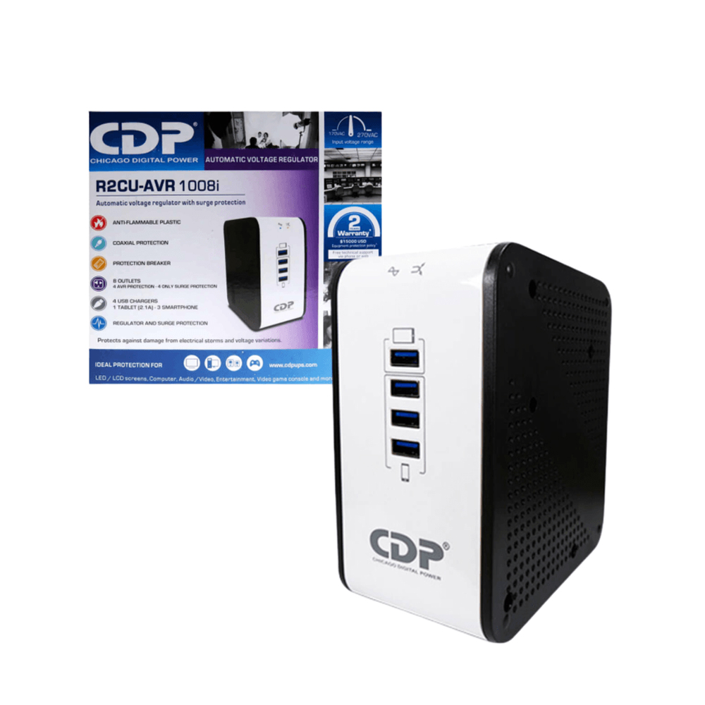 ESTABILIZADOR CDP R2CU-AVR1008I 1000VA CON 8 SALIDAS Y 4 PUERTOS USB PARA PROTECCIÓN Y CARGA EFICIENTE - 1