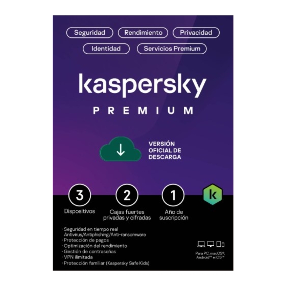 KASPERSKY PREMIUM 3PC 1 AÑO - PROTECCIÓN TOTAL PARA 3 DISPOSITIVOS, SEGURIDAD DE ÚLTIMA GENERACIÓN - 1