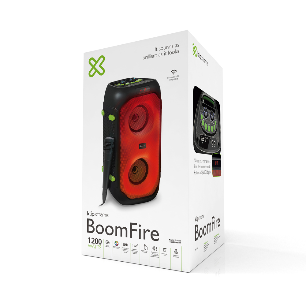 PARLANTE KLIP XTREME KLS-100 BOOMFIRE 1200W CON MICRÓFONO, RADIO FM, USB, SD Y BLUETOOTH - AUDIO POTENTE Y VERSÁTIL - 1