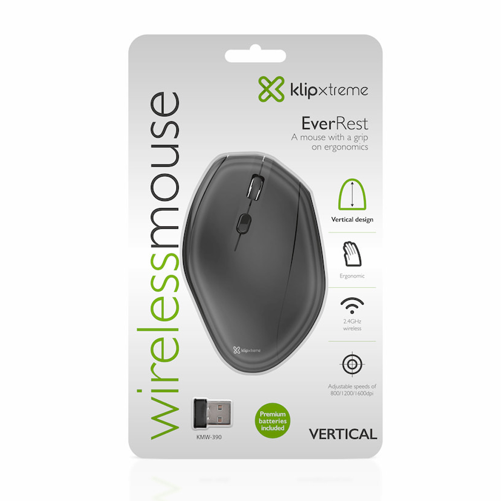 MOUSE ERGONÓMICO WIRELESS KLIP XTREME KMW-390 VERTICAL, DISEÑO CÓMODO Y MODERNO, COLOR NEGRO - 1