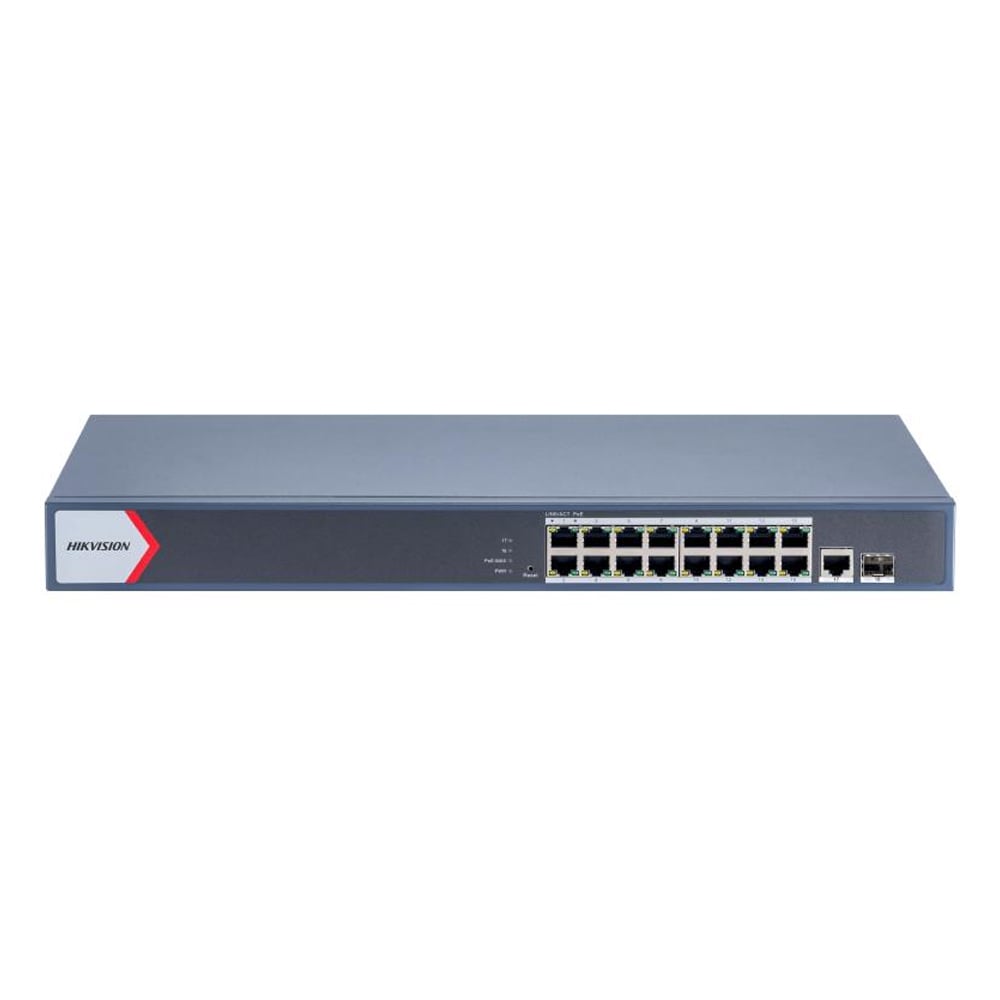 SWITCH POE HIKVISION DE 16 PUERTOS 1000M, 230W, CONEXIONES RJ45 Y SFP – IDEAL PARA REDES EFICIENTES - 1