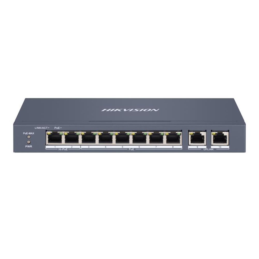 HIKVISION SWITCH ADMINISTRADO 8 PUERTOS POE + 2 PUERTOS GIGABIT, 100M - IDEAL PARA REDES EFICIENTES - 1