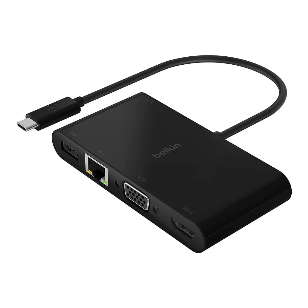 ADAPTADOR BELKIN USB-C A VGA/HDMI CON ETHERNET 1GBE - CARGA Y MULTIMEDIA, IDEAL PARA PROYECTOR Y TV - 1