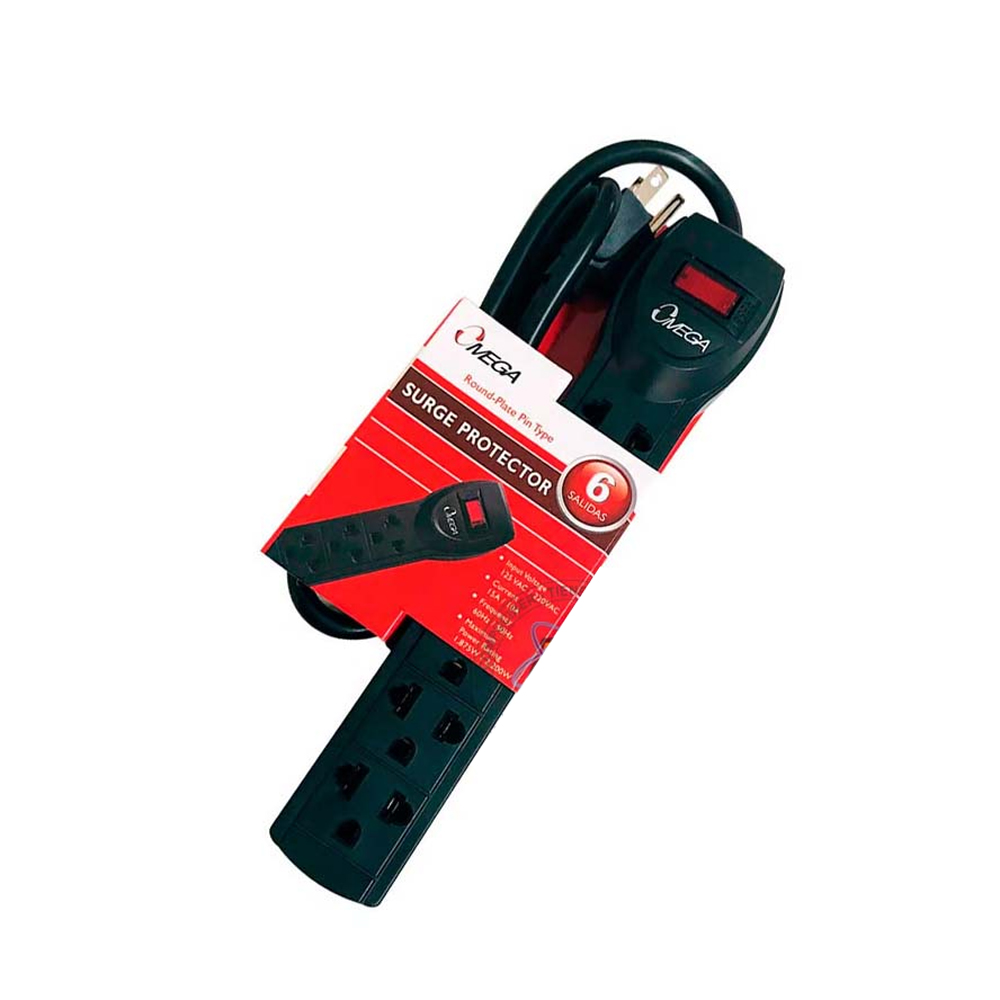SUPRESOR DE PICOS OMEGA 492423BK CON 6 TOMAS 220V PARA PROTECCIÓN DE EQUIPOS ELECTRÓNICOS - 1