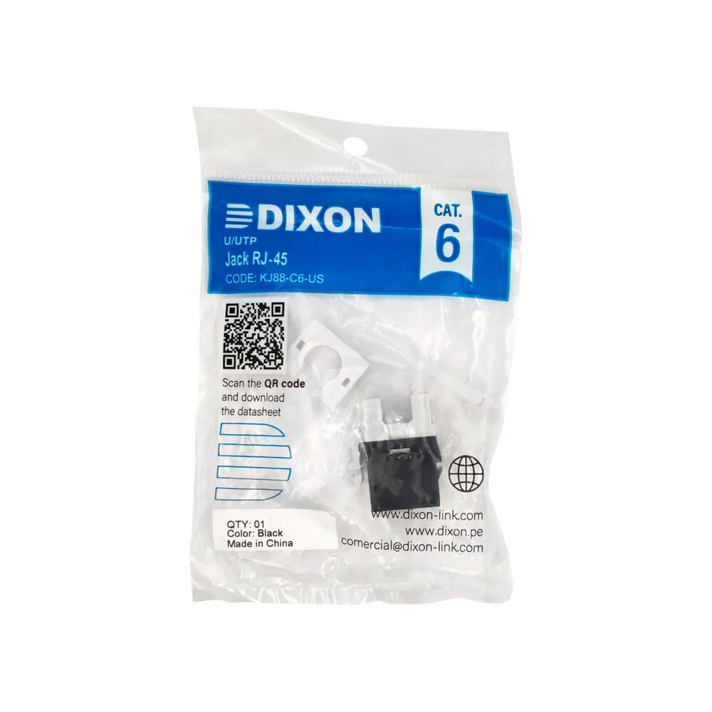 ADAPTADOR JACK 180° RJ45 CAT 6 DIXON NEGRO - CONEXIÓN RÁPIDA Y EFICIENTE PARA REDES ESTABLES - 1