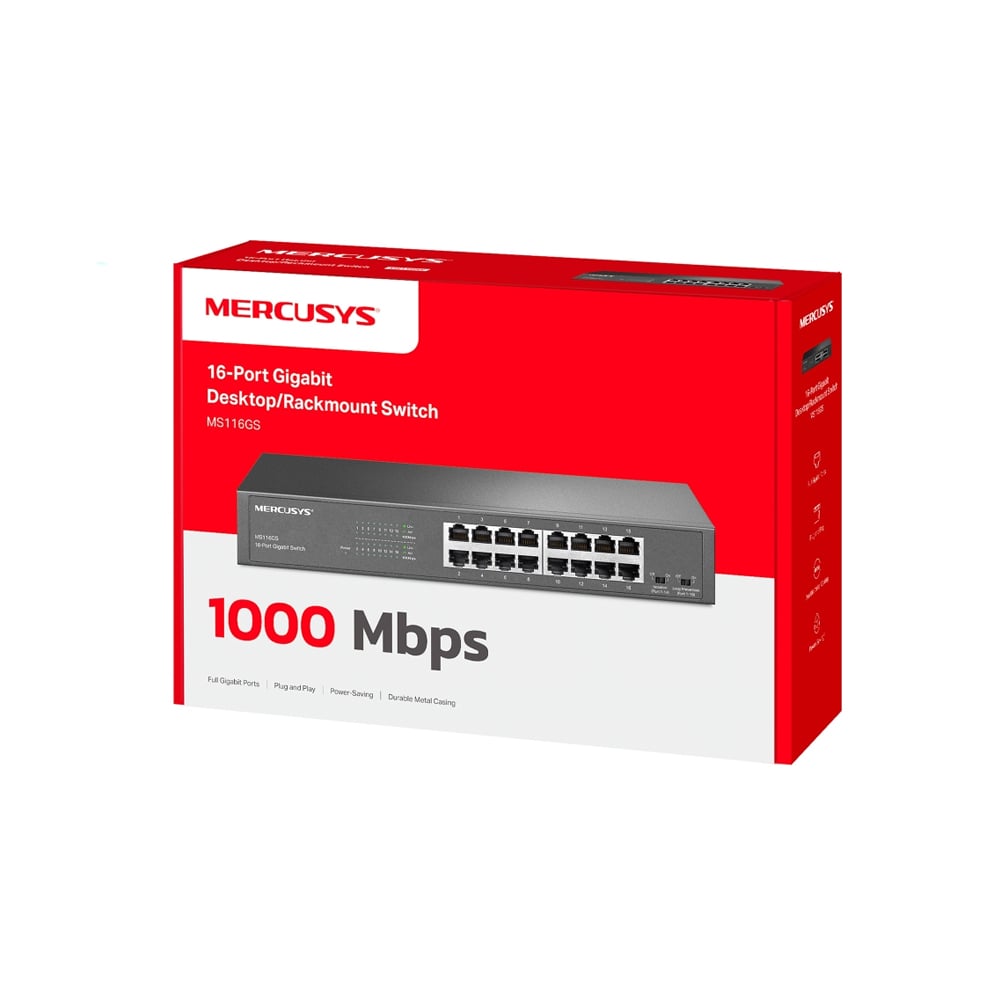 INTERRUPTOR TP-LINK MERCUSYS MS116GS, 16 PUERTOS GIGABIT, IDEAL PARA REDES RÁPIDAS Y EFICIENTES - 1