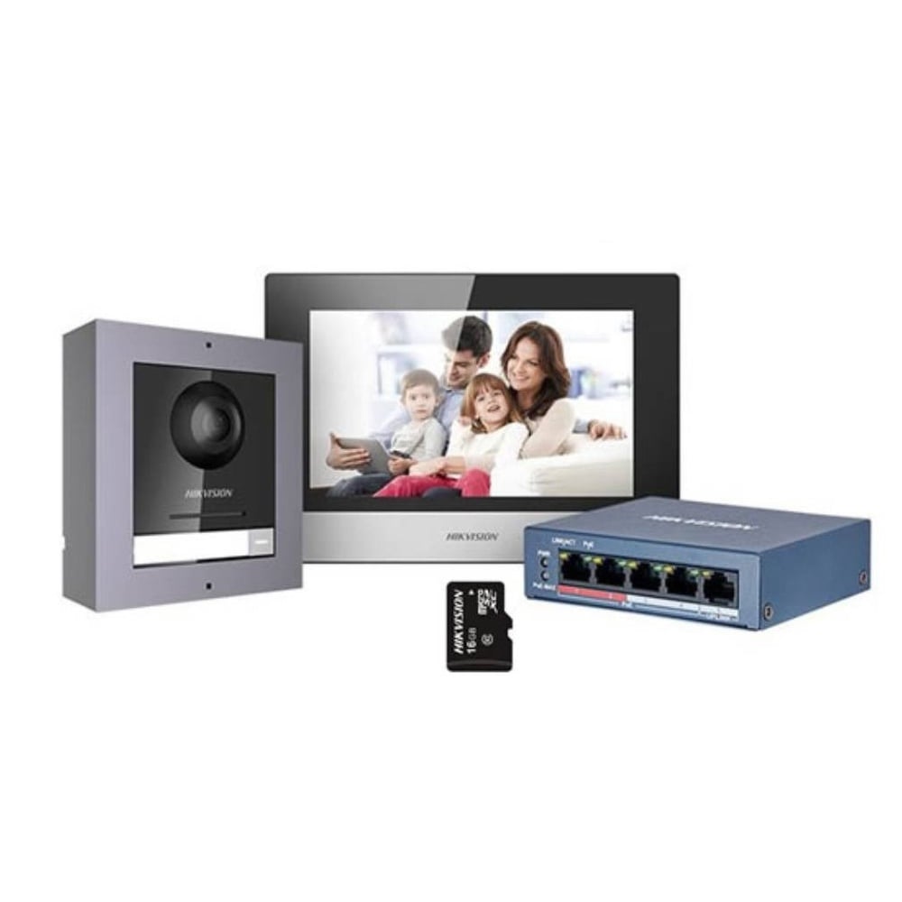 KIT DE VIDEOPORTERO HIKVISION DS-KD8003 Y DS-KH6320, CON SWITCH Y TARJETA SD INCLUIDA, 4 CABLES - 1
