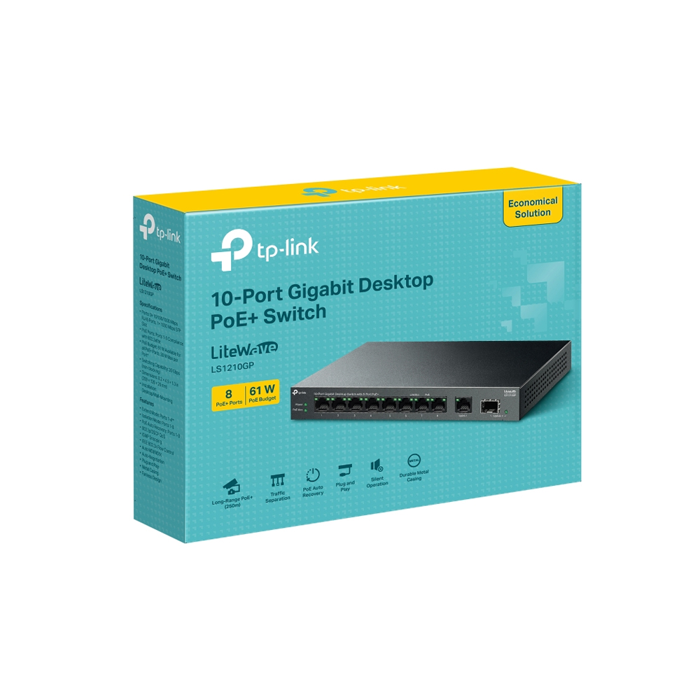CONMUTADOR TP-LINK LS1210GP DE 10 PUERTOS GIGABIT, IDEAL PARA REDES RÁPIDAS Y EFICIENTES - 1