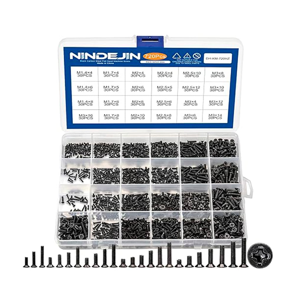TORNILLOS PLANOS NINDEJIN FLAT_SCREW_720PCS ACERO AL CARBONO MÉTRICOS M1.4 A M3 - 1
