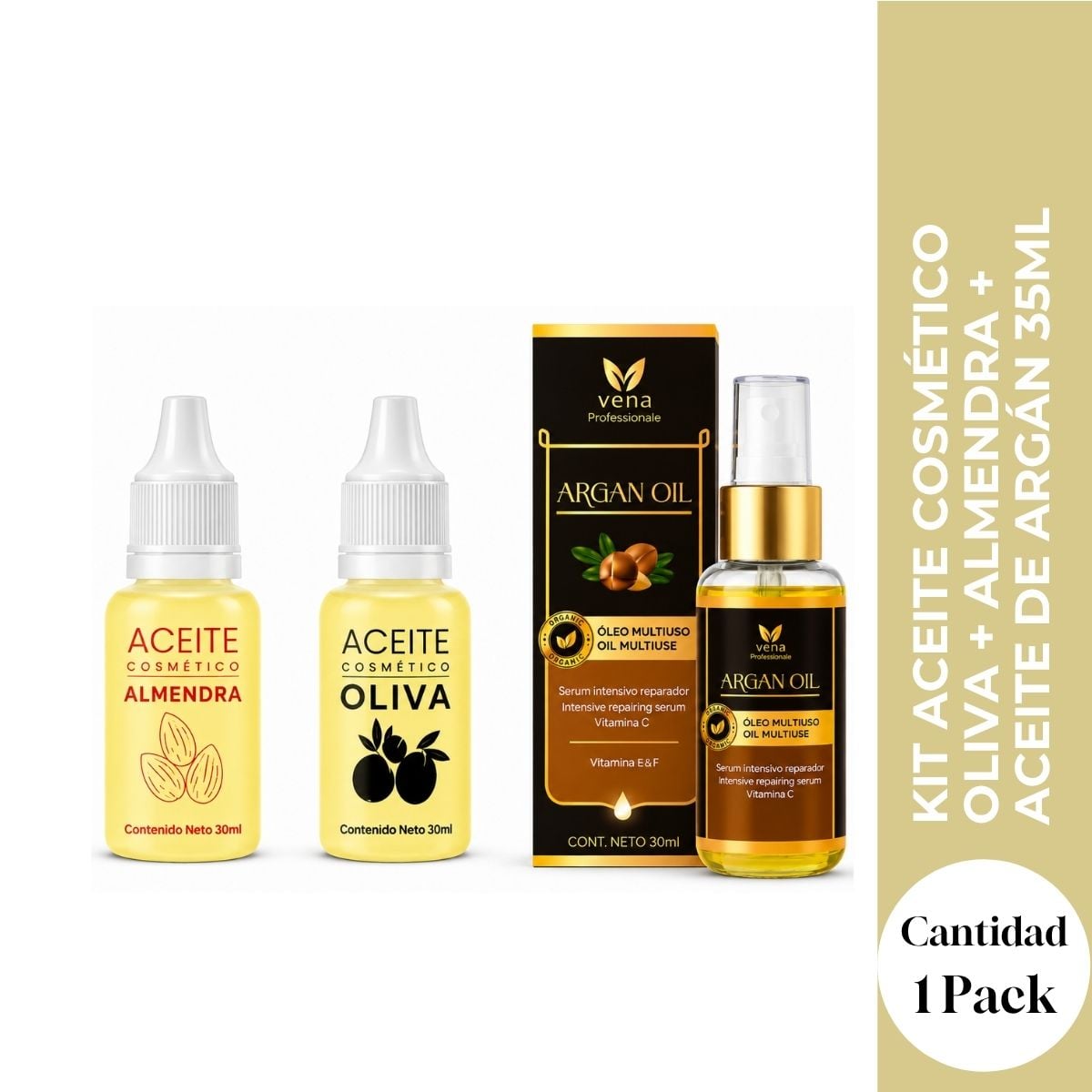KIT ACEITE COSMETICO OLIVA + ALMENDRA + ACEITE DE ARGAN 35ML - CUIDADO COMPLETO - 1