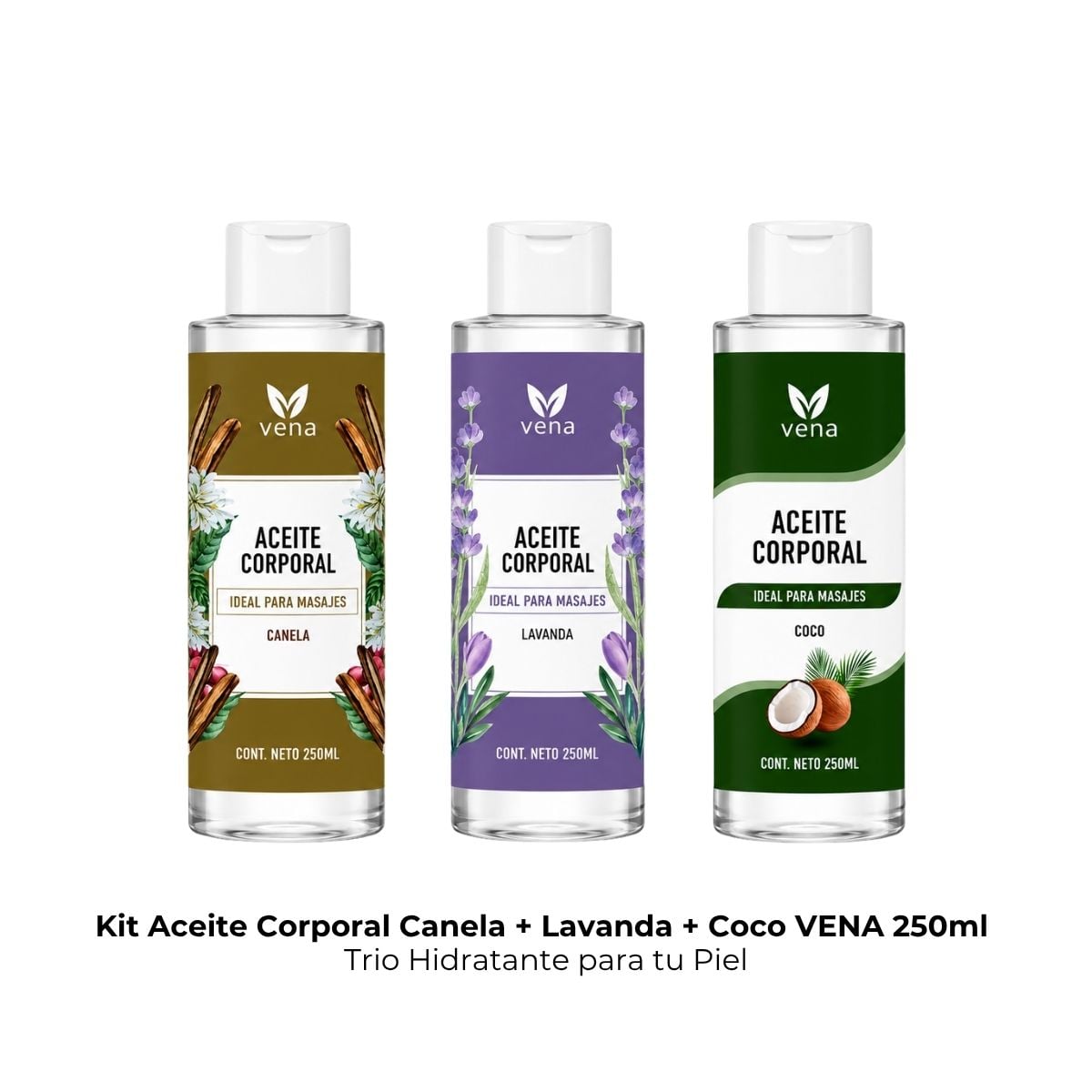 KIT ACEITE CORPORAL CANELA + LAVANDA + COCO VENA 250ML - TRIO HIDRATANTE PARA TU PIEL - 1