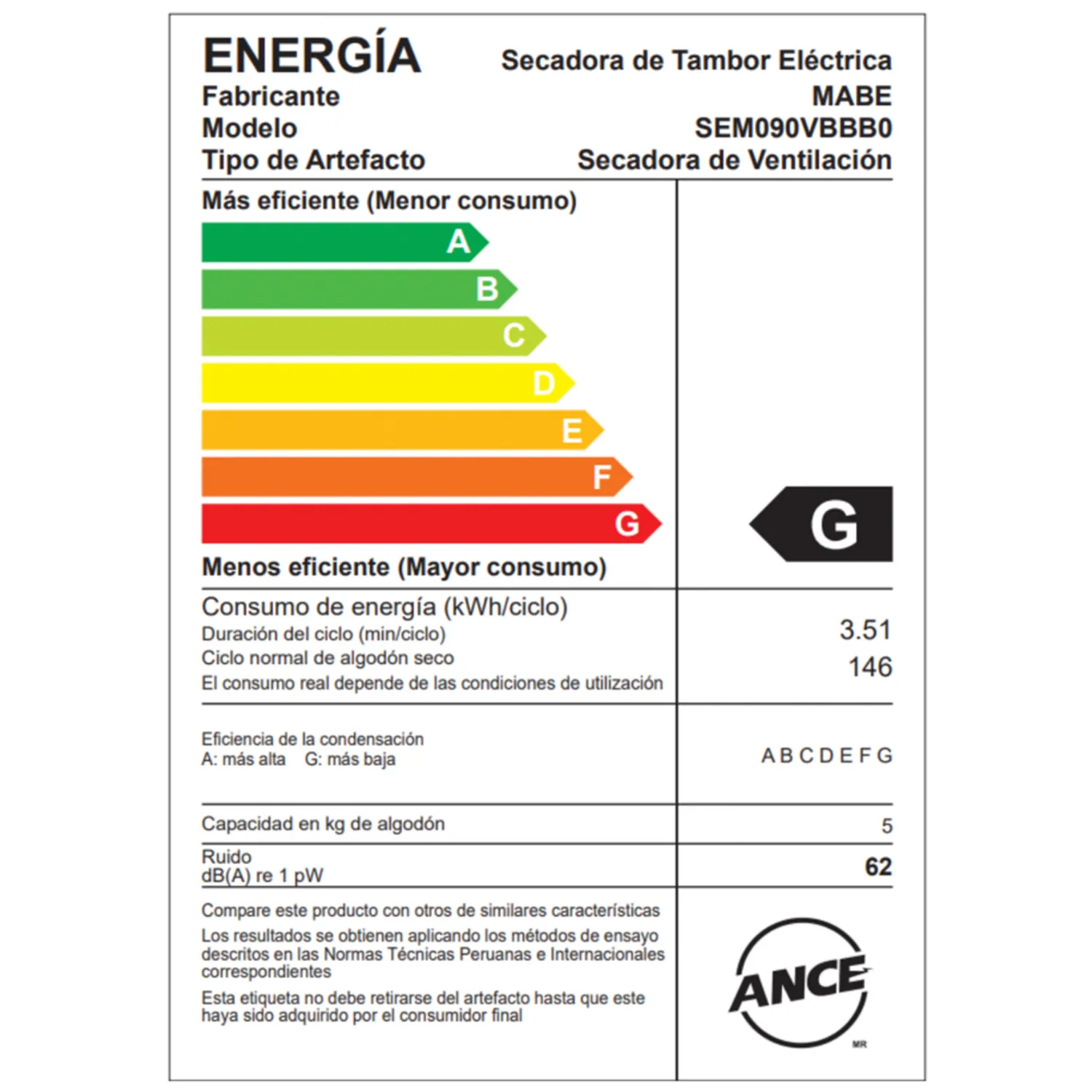 SECADORA DE ROPA MABE 9KG CARGA FRONTAL CON EVACUACIÓN SEM090VBBB0 - 6