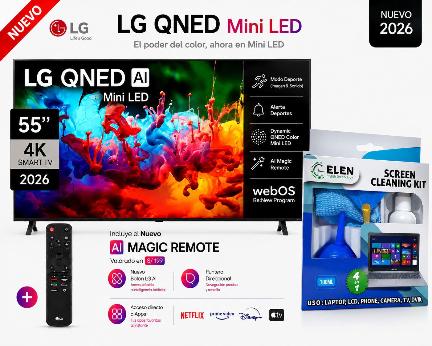 TELEVISOR LG SMART TV 55 MINILED QNED UHD 4K 55QNED65BSA +KITS DE LIMPIEZA PARA TV - 1