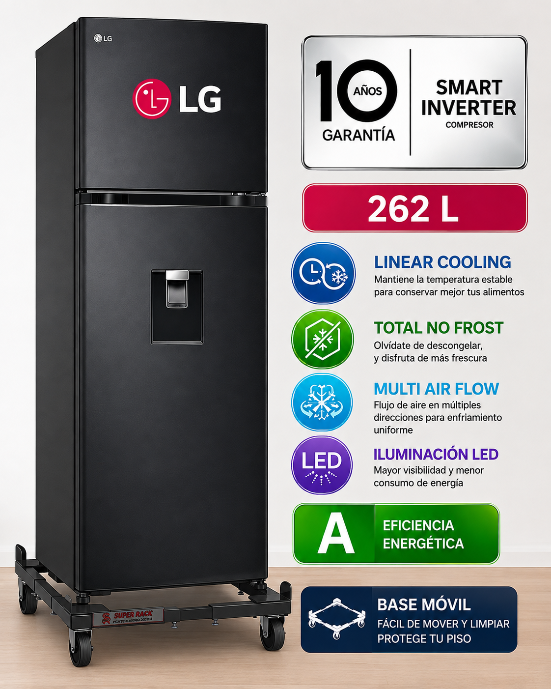 REFRIGERADORA LG 262LT LINEAR COOLING VT26WPM NEGRO MATE+BASE MOVIL - 1
